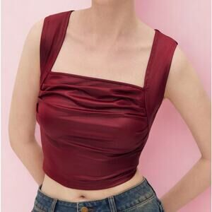 Cider Womens Wine Red Satin Cropped Top Size Small | Square Neck Ruched Tank NWT